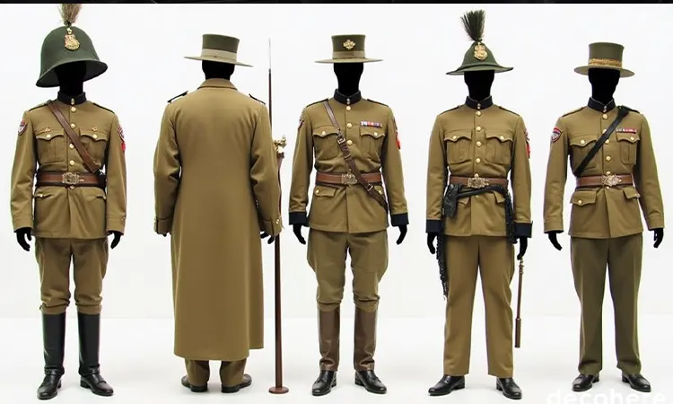Combat uniforms, helmets, and badges from different eras